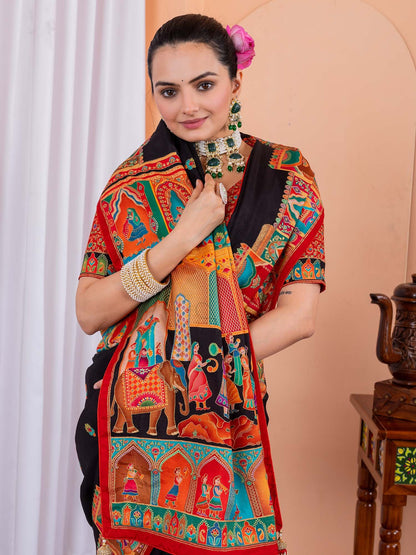 Black Tussar Silk Blend Printed Saree
