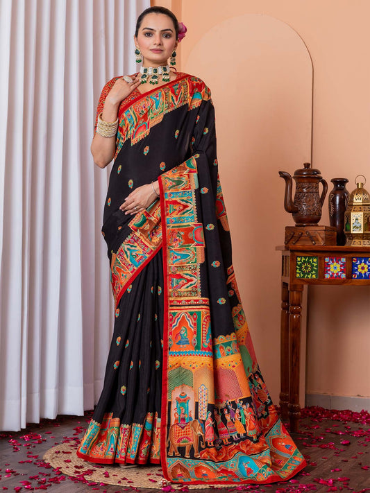 Black Black Tussar Silk Blend Printed Saree
