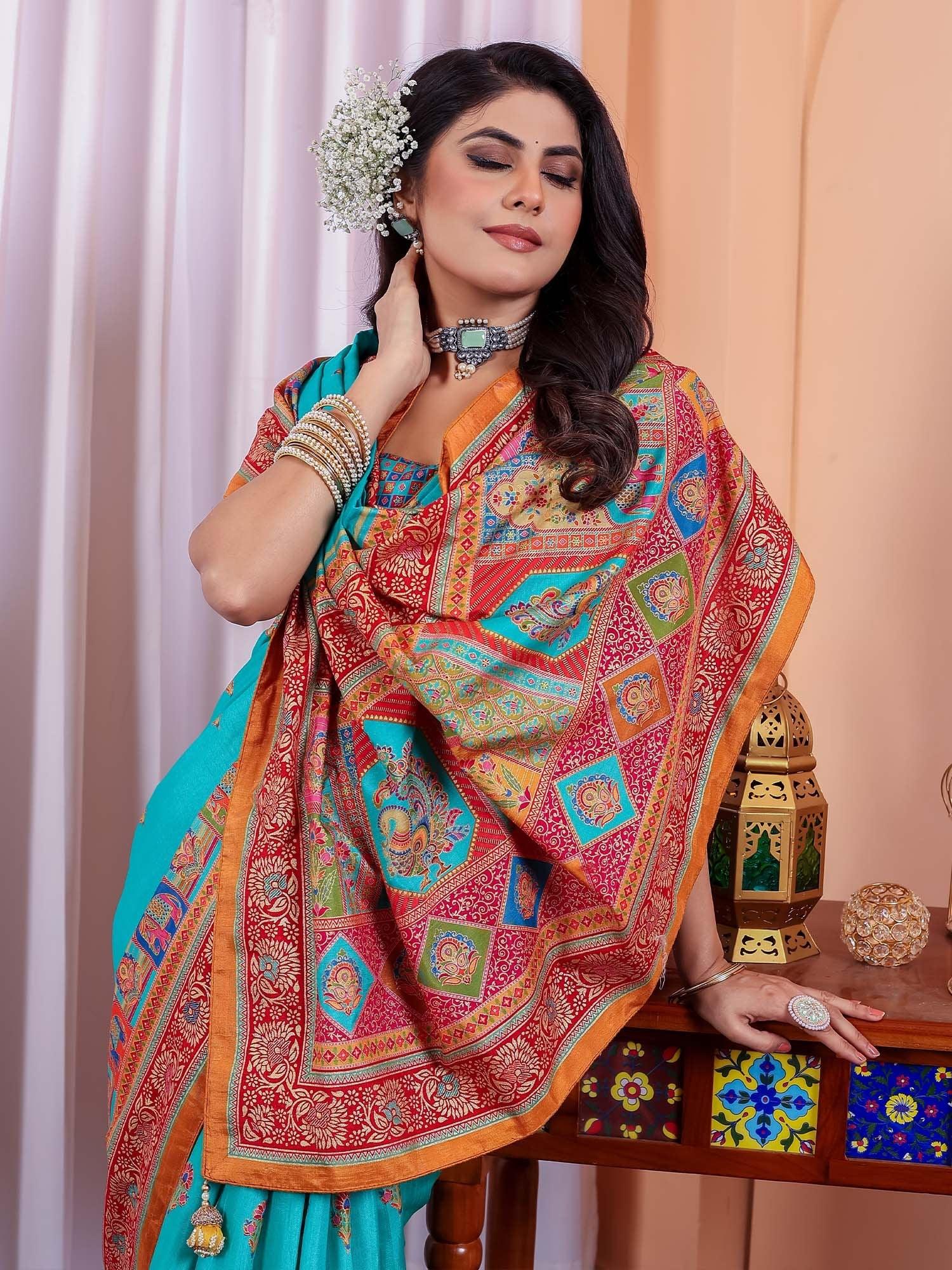 Light Tussar Silk Blend Printed Saree - The Dori Store