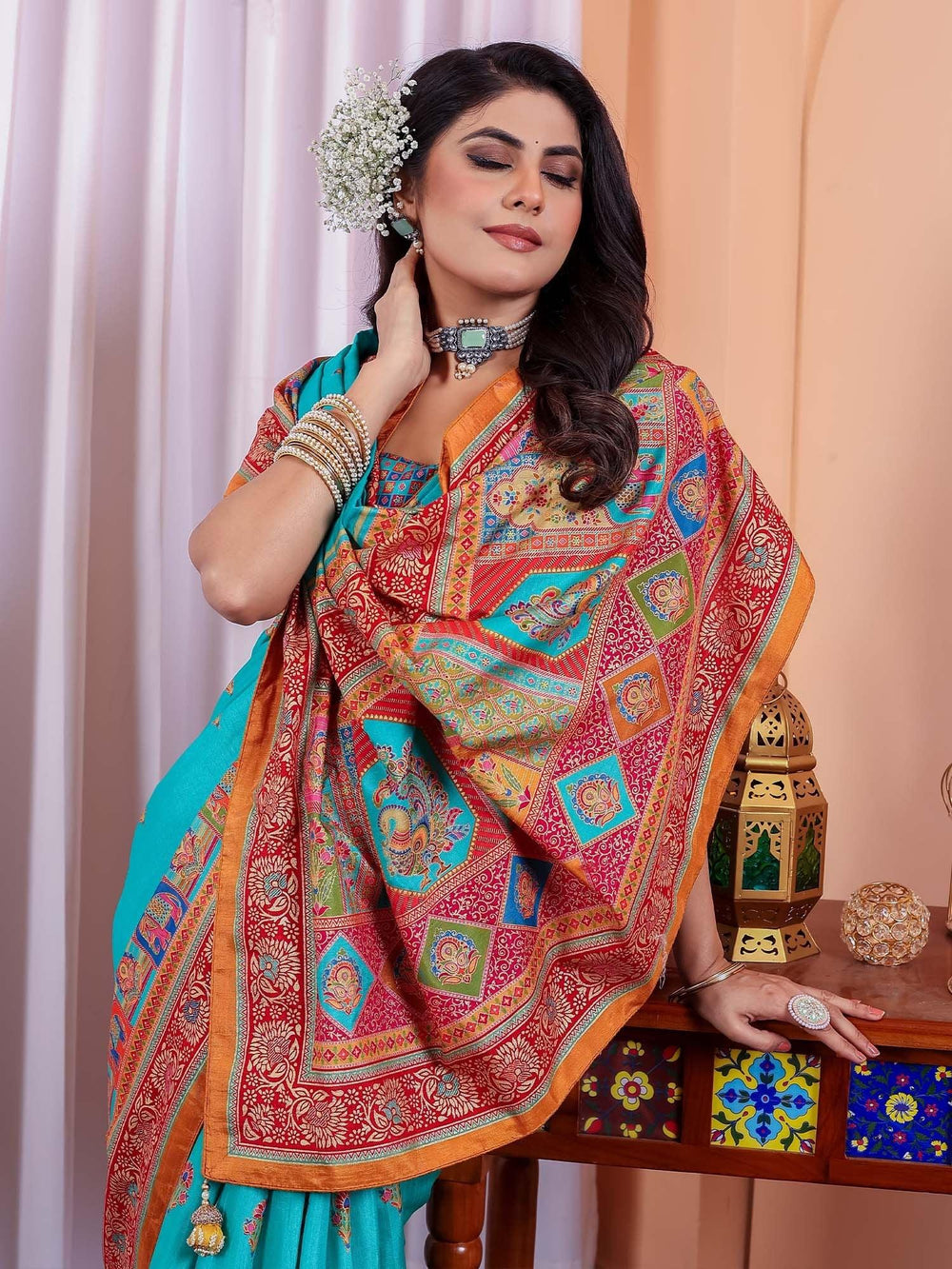 Light Tussar Silk Blend Printed Saree - The Dori Store