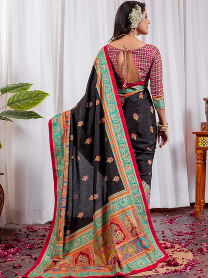 Black Tussar Silk Blend Printed Saree