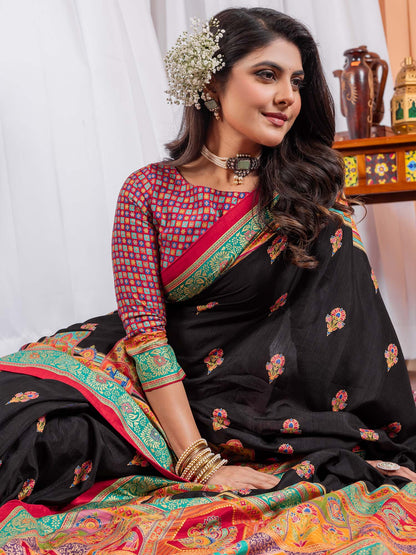 Black Tussar Silk Blend Printed Saree