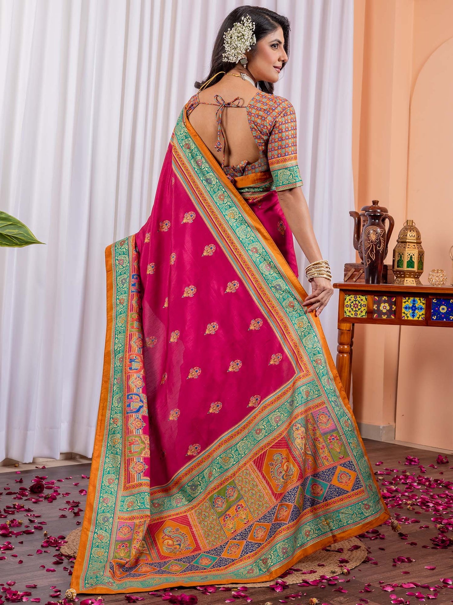 Pink Tussar Silk Blend Printed Saree