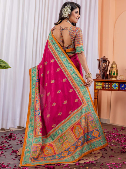 Pink Tussar Silk Blend Printed Saree