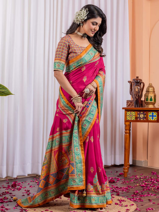 Pink Pink Tussar Silk Blend Printed Saree