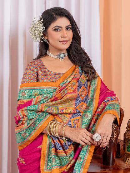 Pink Tussar Silk Blend Printed Saree
