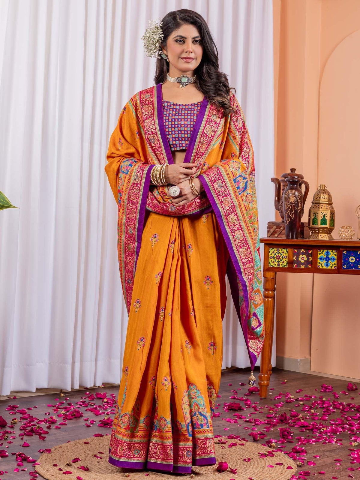 Yellow Yellow Tussar Silk Blend Printed Saree