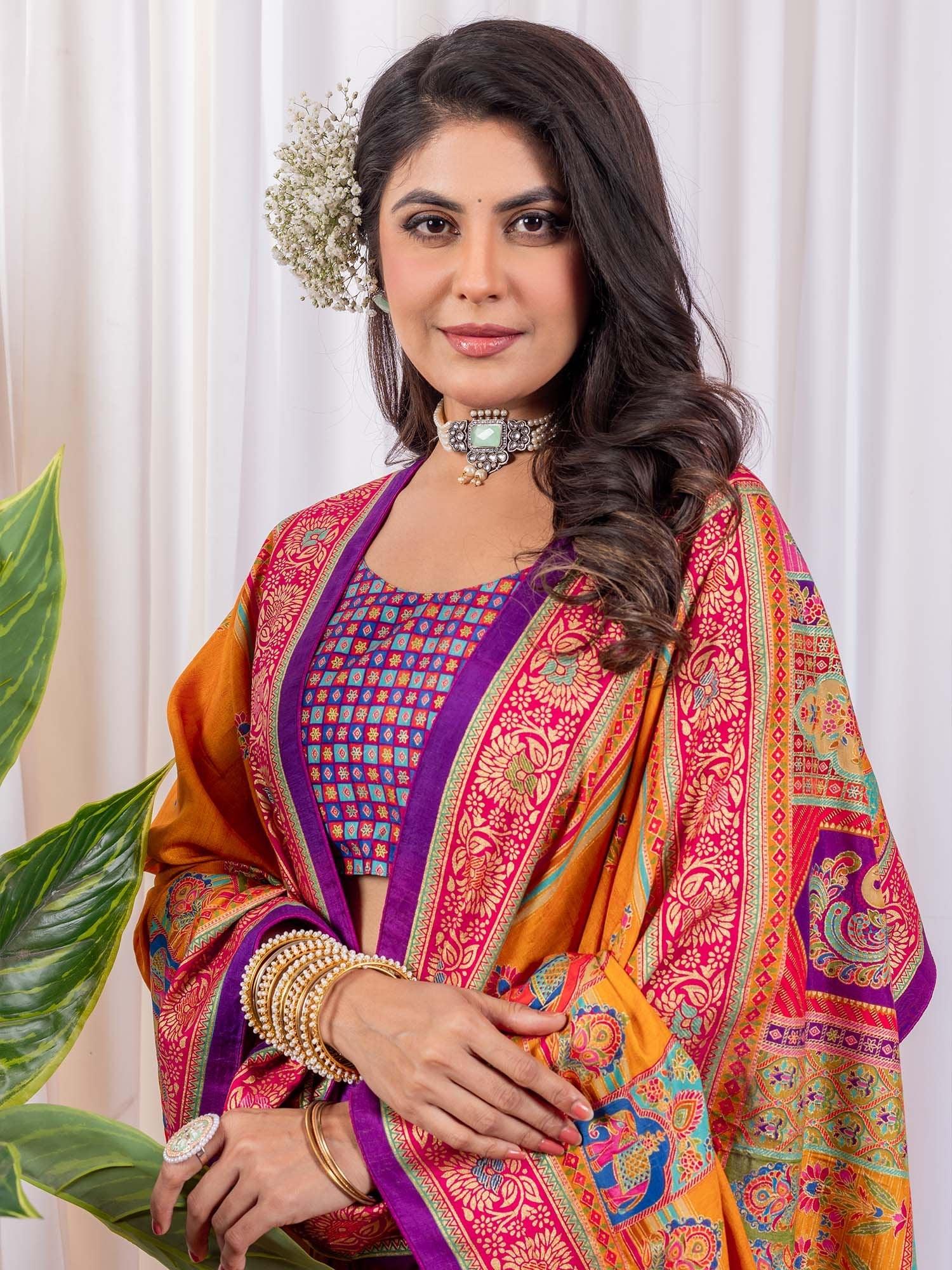 Yellow Tussar Silk Blend Printed Saree