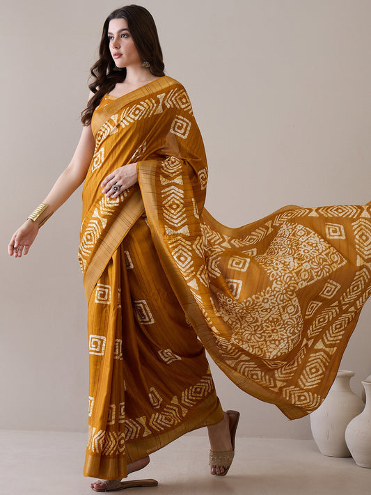 Yellow Mustard Sungudi Silk Blend Printed Saree