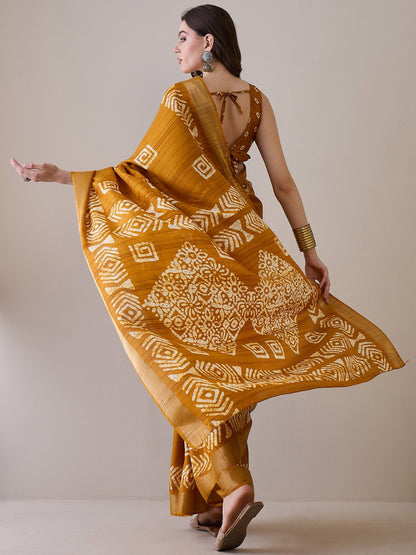 Mustard Sungudi Silk Blend Printed Saree