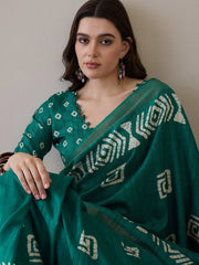 Teal Blue Sungudi Silk Blend Printed Saree