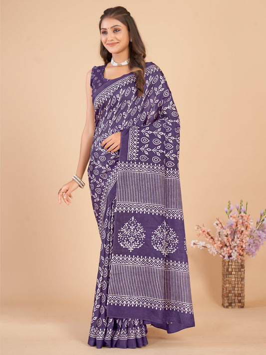 Purple Purple Bagru Dola Silk Printed Saree