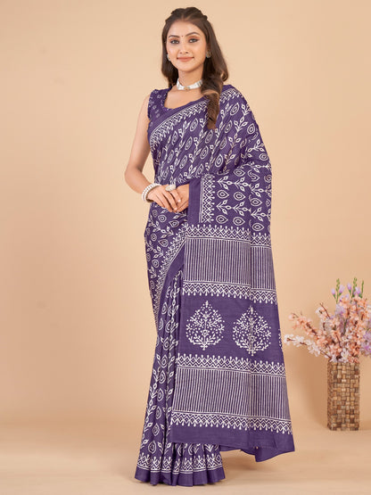 Purple Bagru Dola Silk Printed Saree