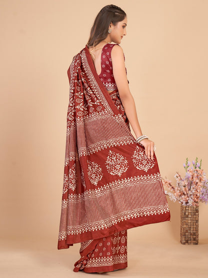 Brown Bagru Dola Silk Printed Saree