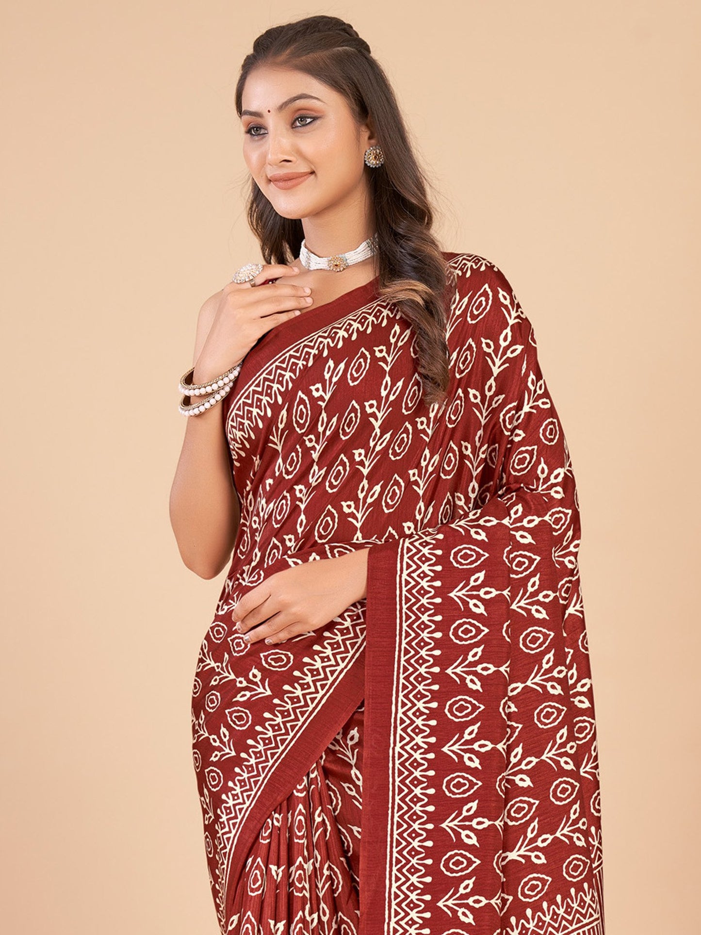 Brown Bagru Dola Silk Printed Saree