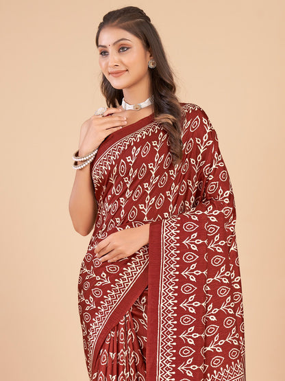 Brown Bagru Dola Silk Printed Saree