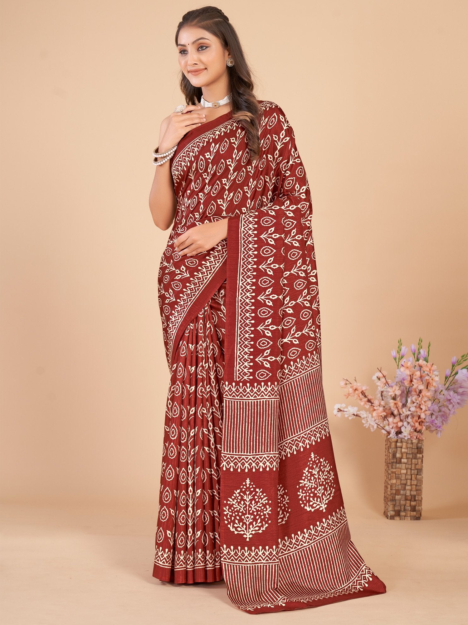 Brown Brown Bagru Dola Silk Printed Saree