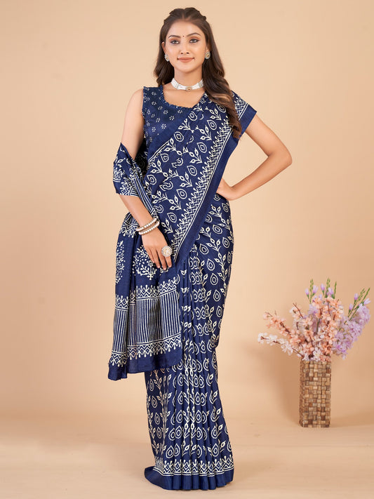 Blue  Navy Bagru Dola Silk Printed Saree