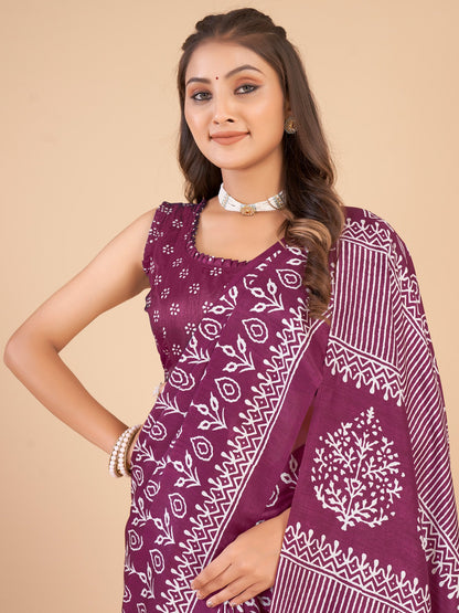 Magenta Bagru Dola Silk Printed Saree