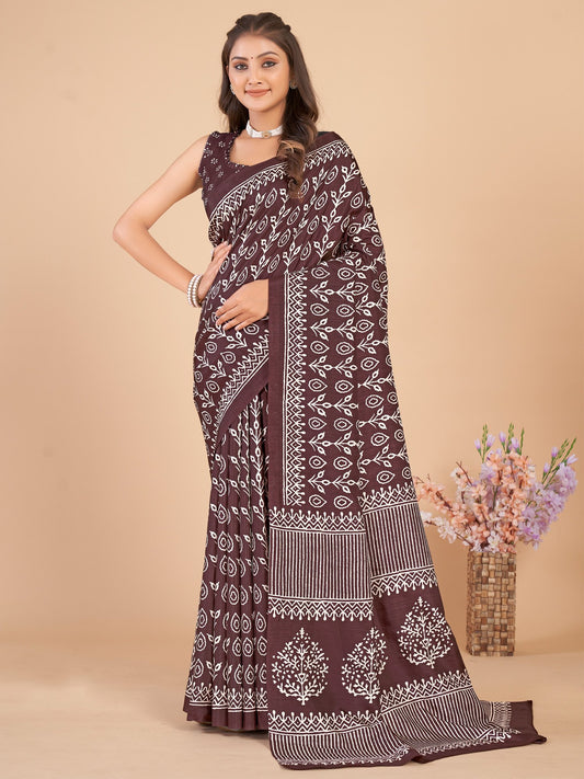 Brown Coffee Bagru Dola Silk Printed Saree