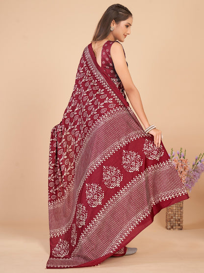 Burgundy Bagru Dola Silk Printed Saree