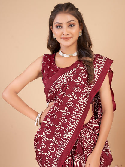 Burgundy Bagru Dola Silk Printed Saree