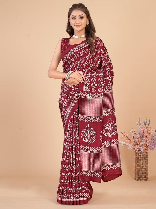 Maroon Burgundy Bagru Dola Silk Printed Saree