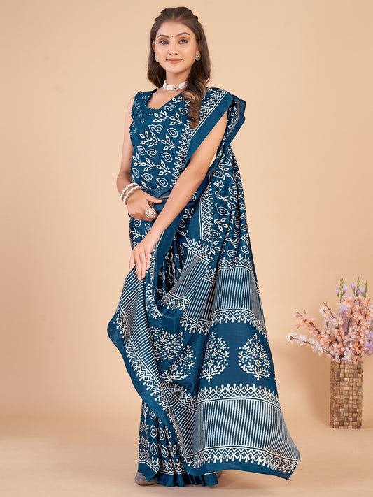 Blue Teal Bagru Dola Silk Printed Saree