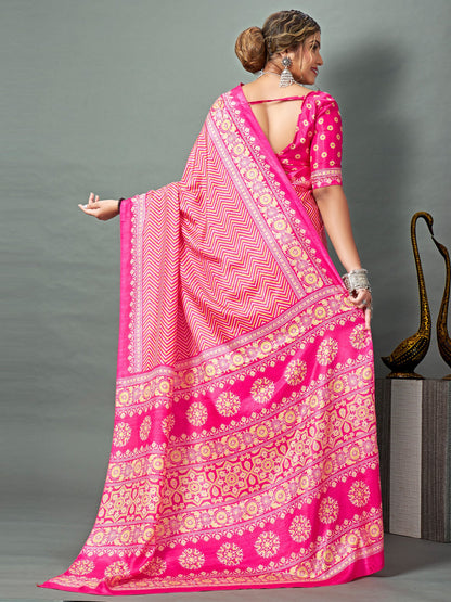 Pink Block Print Dola Silk Printed Saree