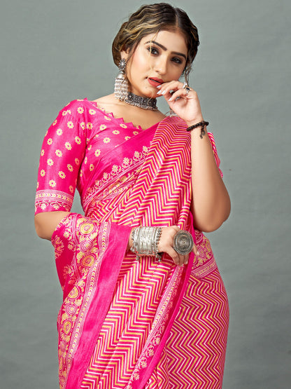 Pink Block Print Dola Silk Printed Saree