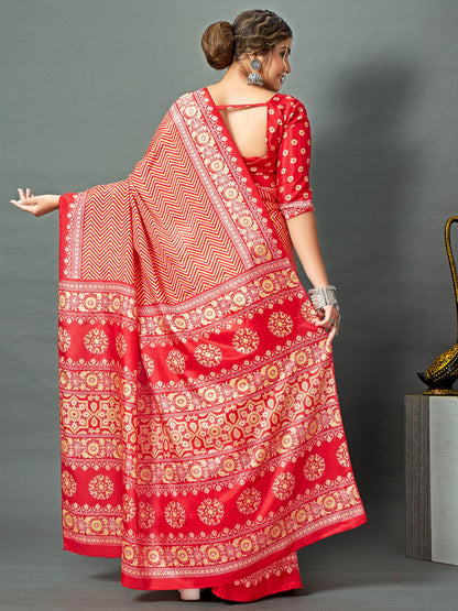 Red Block Print Dola Silk Printed Saree