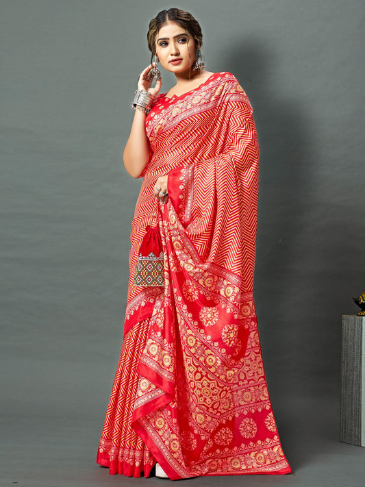 Red Red Block Print Dola Silk Printed Saree