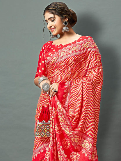 Red Block Print Dola Silk Printed Saree