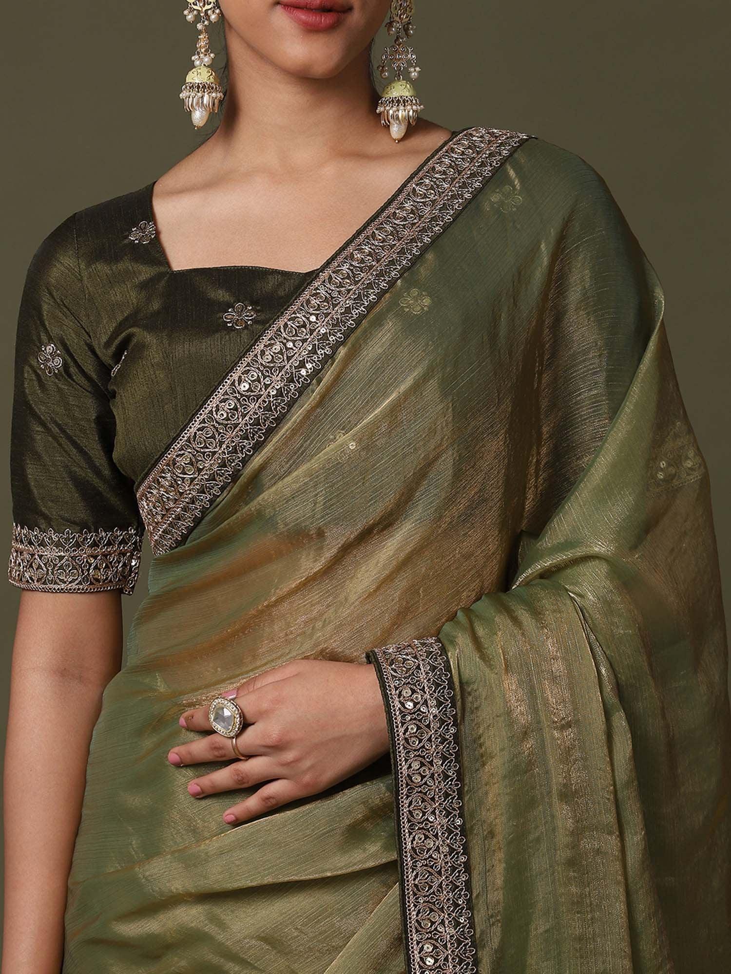 Olive Party Wear Net Embroidered Saree