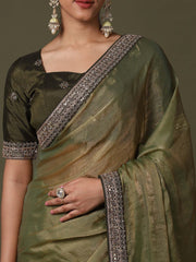 Olive Party Wear Net Embroidered Saree