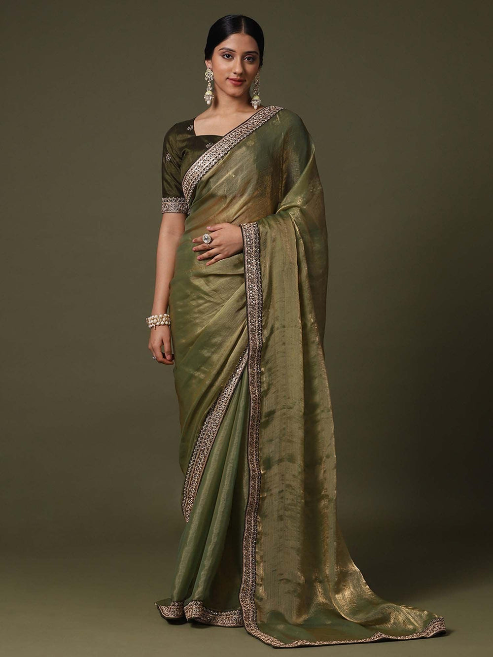 Green Olive Party Wear Net Embroidered Saree