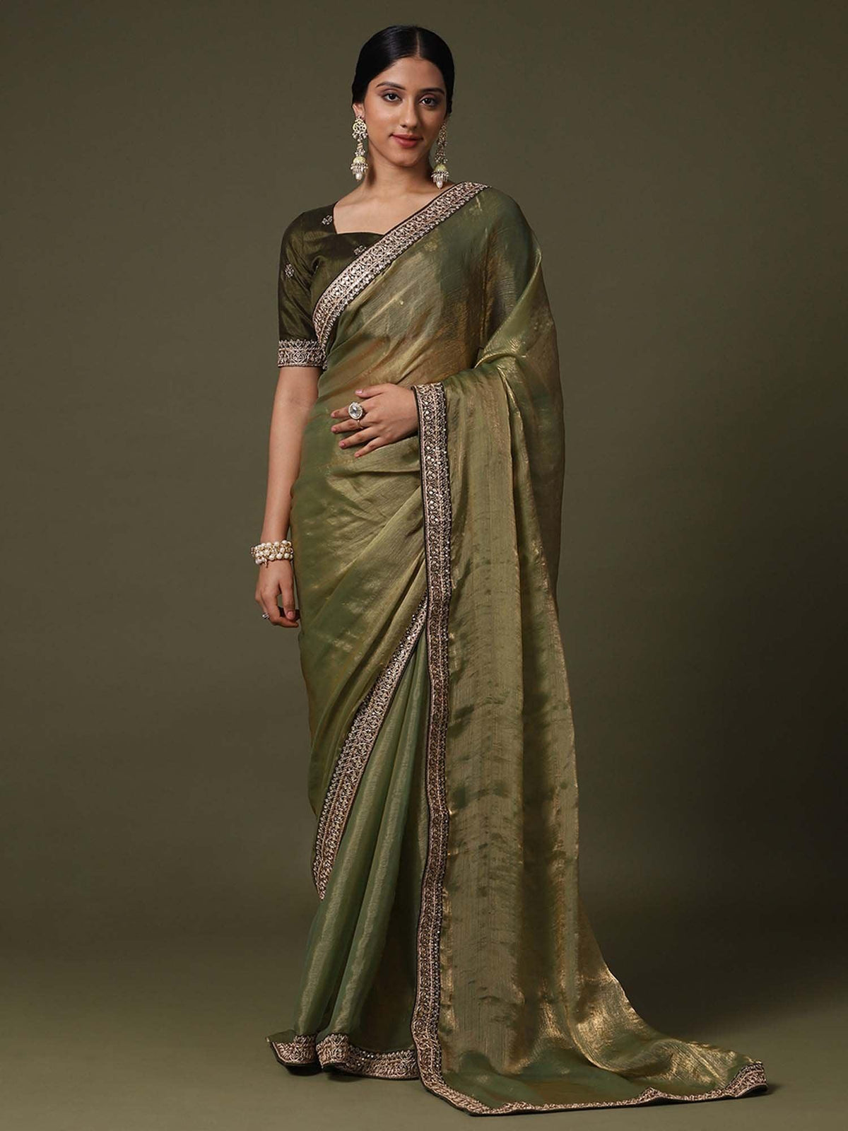 Green Olive Party Wear Net Embroidered Saree