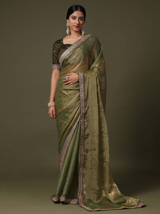 Green Olive Party Wear Net Embroidered Saree