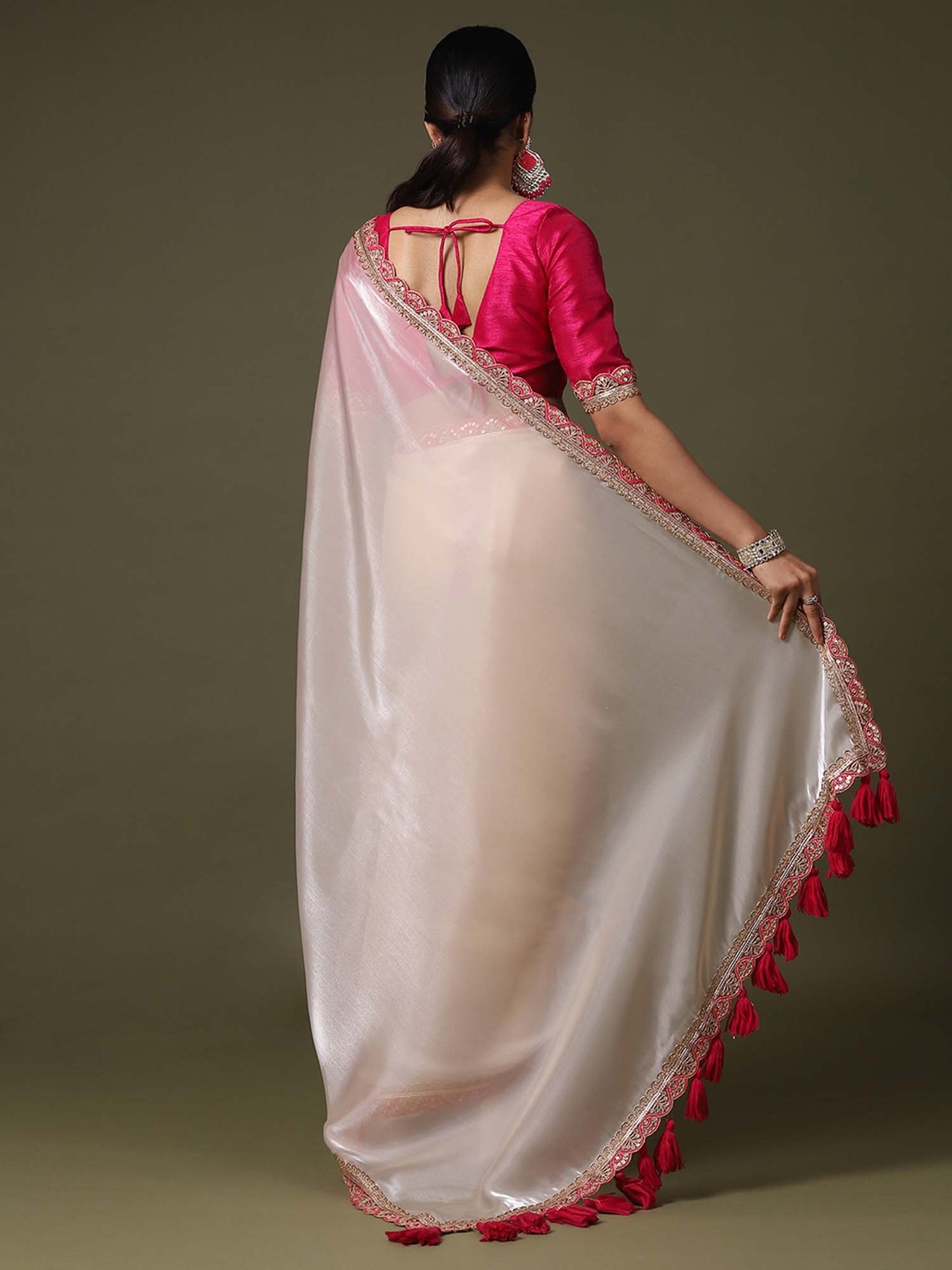 Cream Party Wear Net Embroidered Saree