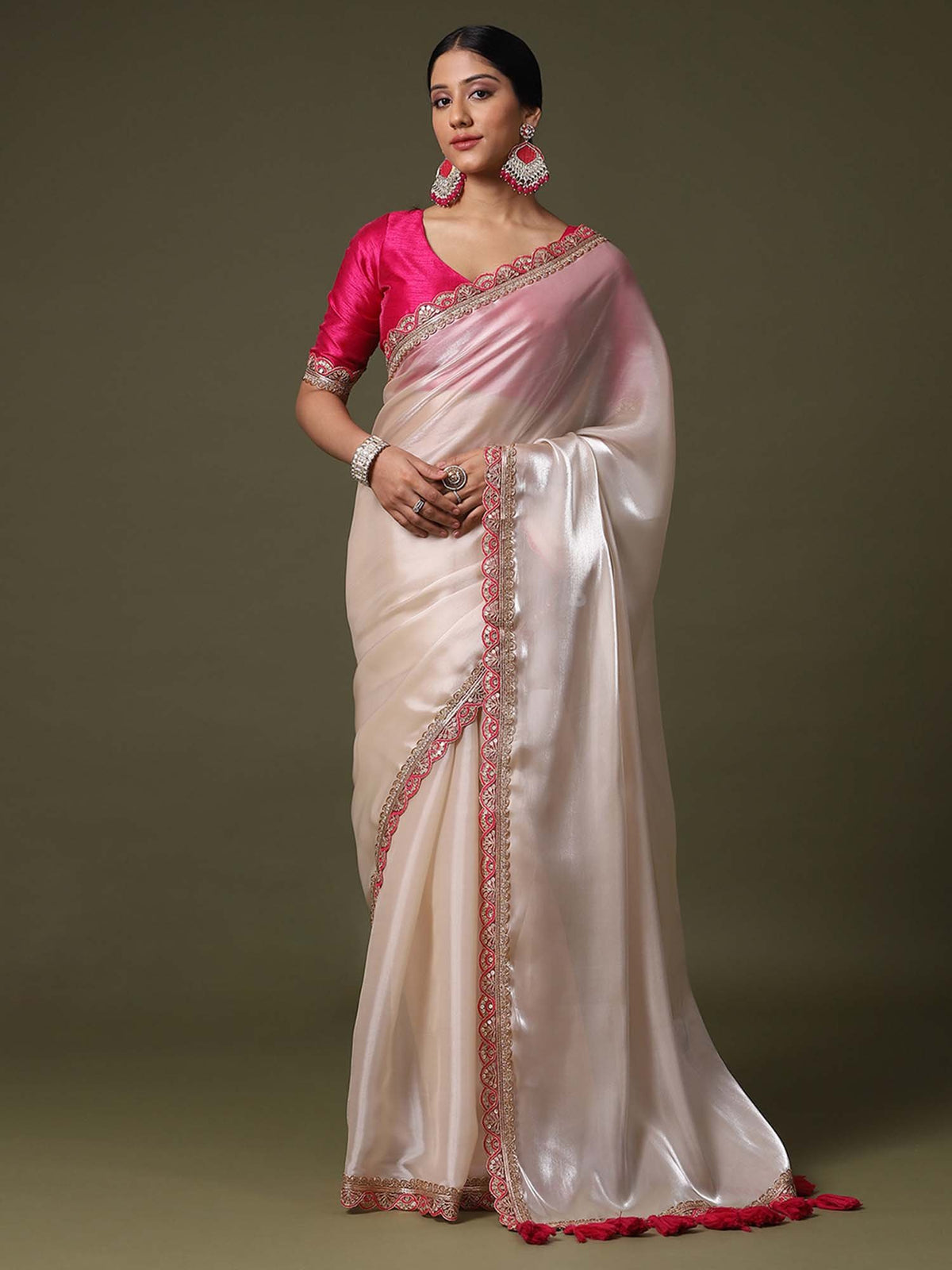 Cream Cream Party Wear Net Embroidered Saree