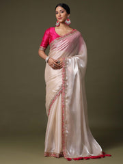 Cream Cream Party Wear Net Embroidered Saree