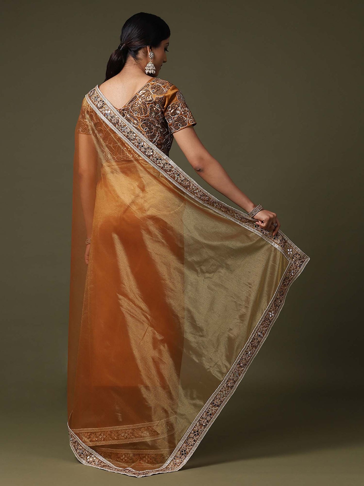 Gold Party Wear Net  Solid Saree