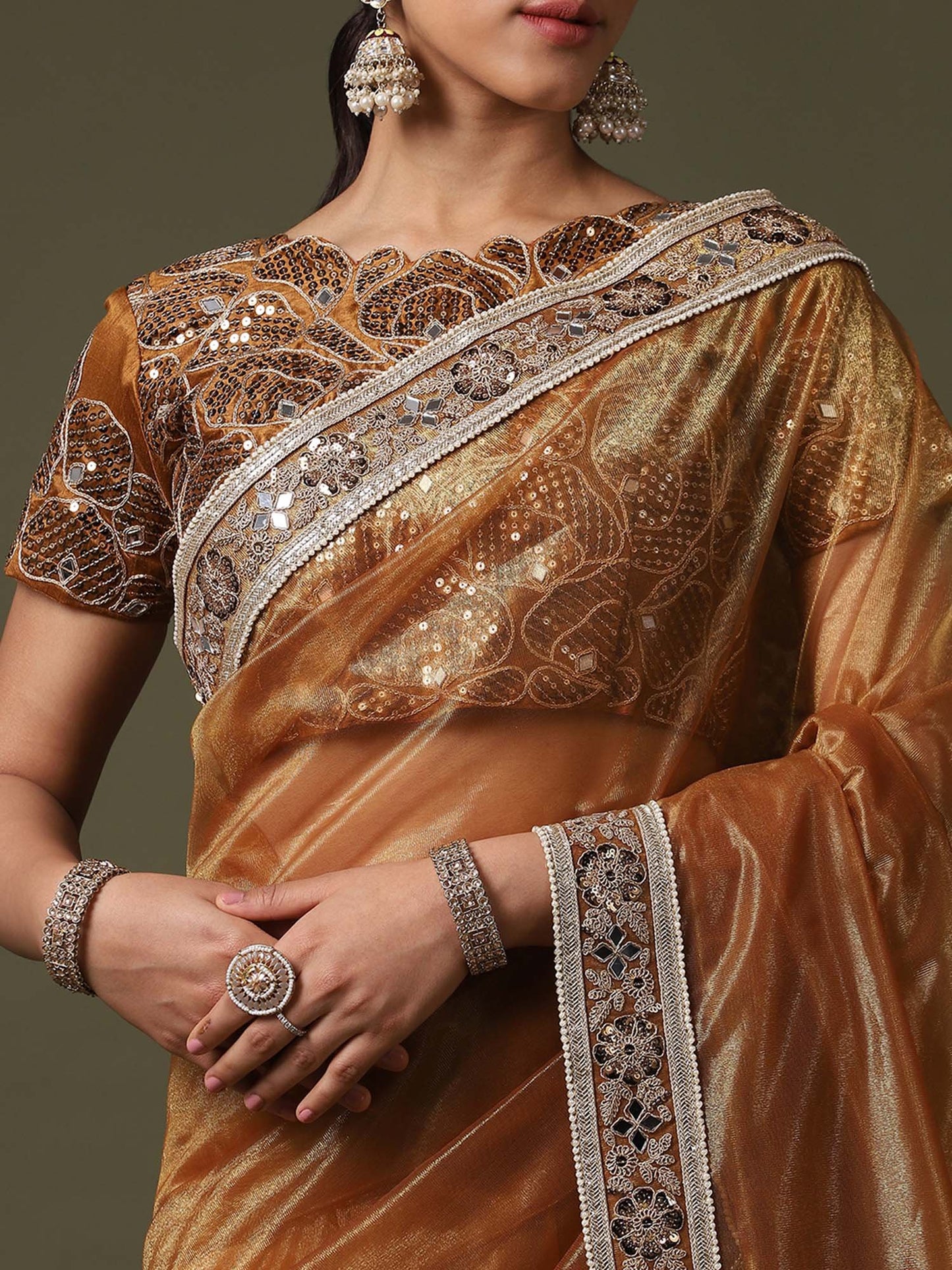 Gold Party Wear Net  Solid Saree