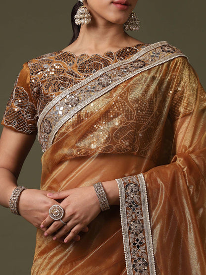 Gold Party Wear Net  Solid Saree