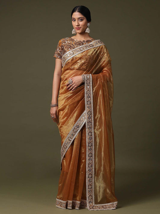 Golden Gold Party Wear Net  Solid Saree