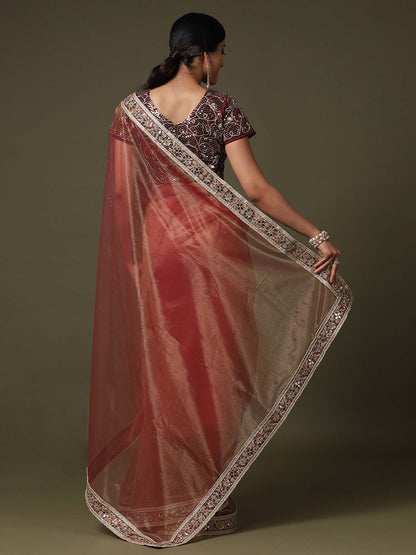 Rust Party Wear Net  Solid Saree