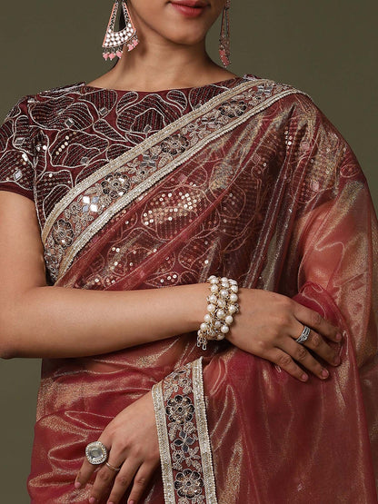Rust Party Wear Net  Solid Saree