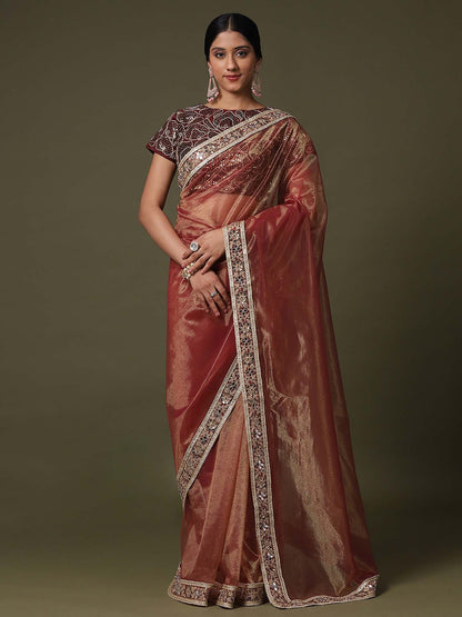 Brown Rust Party Wear Net  Solid Saree