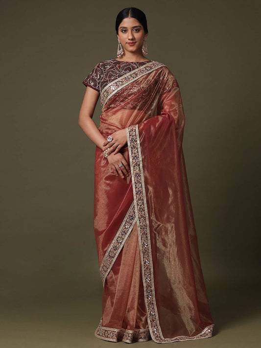 Brown Rust Party Wear Net  Solid Saree