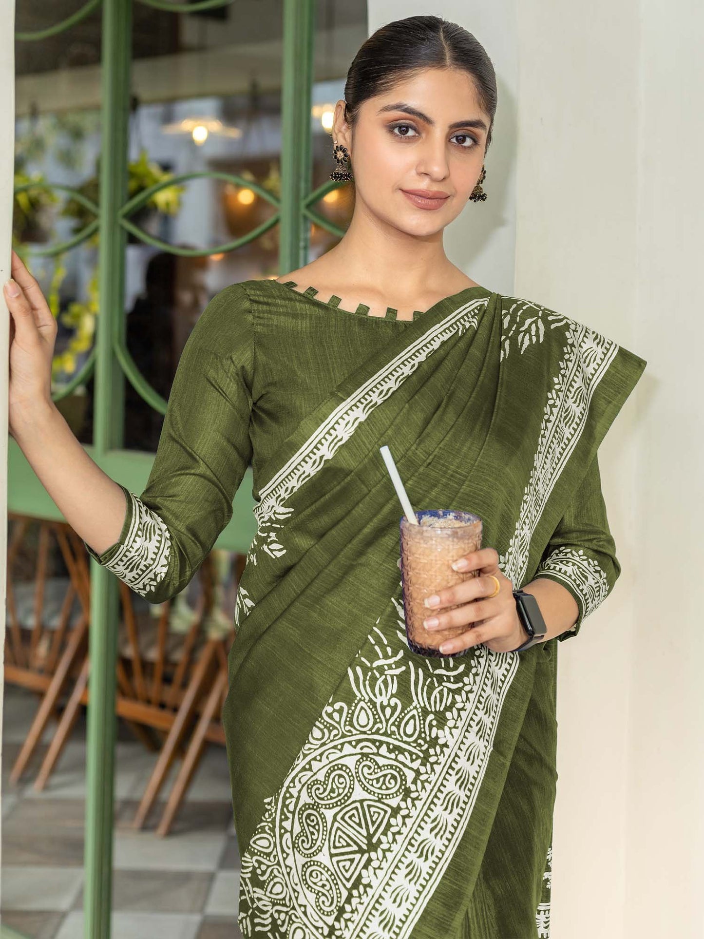 Olive Bagru Dola Silk Printed Saree